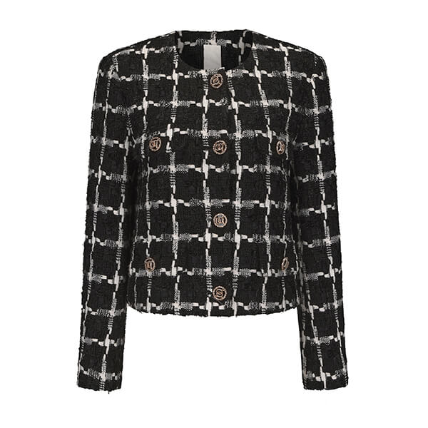 High Quality Custom Long Sleeve Opening Check Plaid Tassels Fringe Jacket Round Neck Women Tweed Jacket MZ0A3082